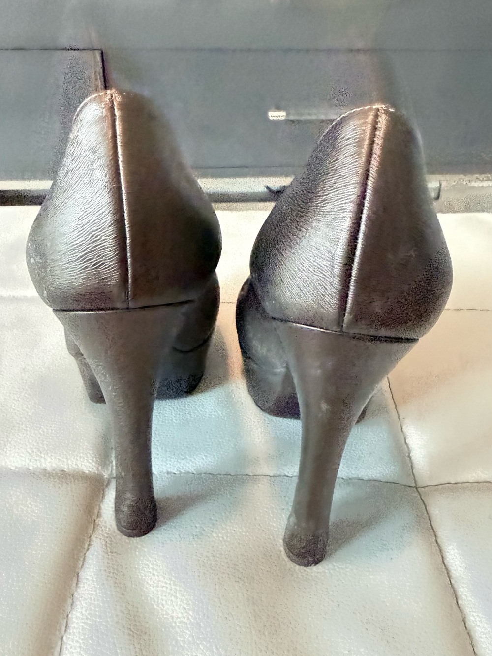 Yves Saint Laurent Metallic Taupe Peep-Toe Platform Pumps - Picture 4 of 6